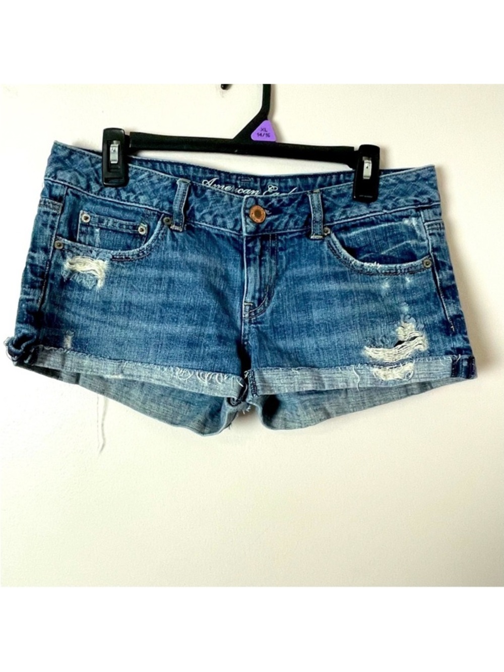 American Eagle Shorts Jean Rolled Distressed Blue 6